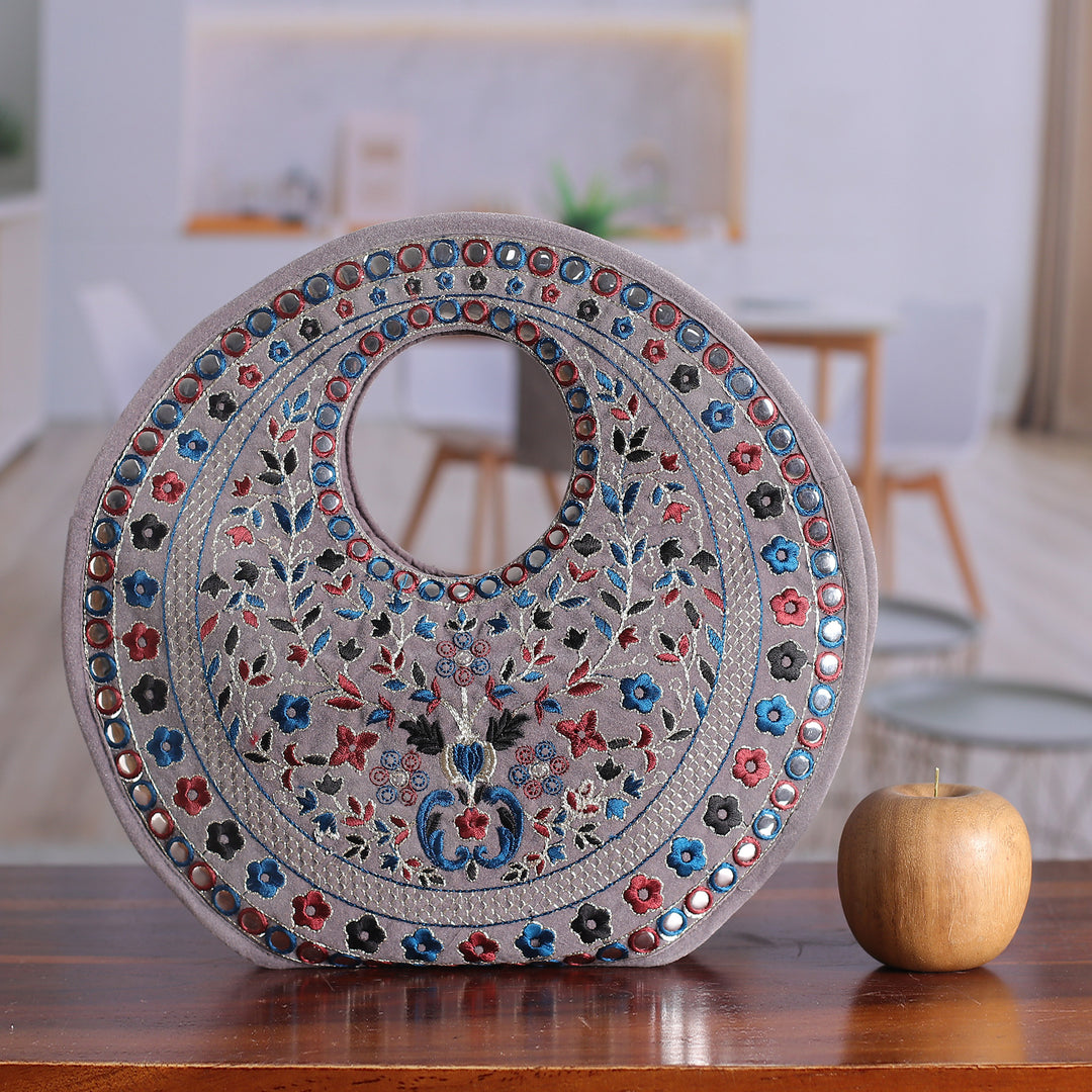 Floral Rayon Embroidered Blue and Grey Handle Bag - Royal Jaipur