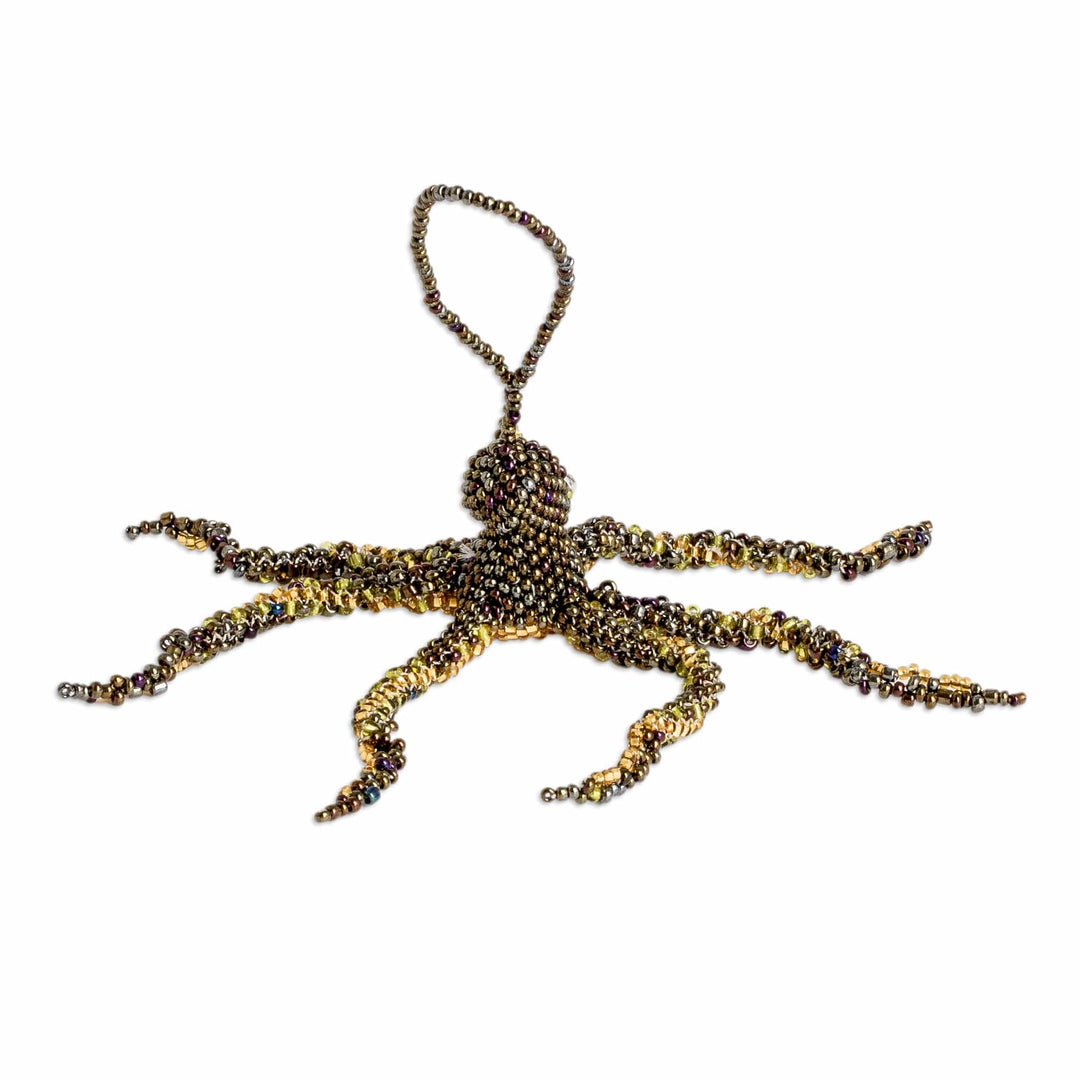 Crystal and Glass Beaded Bronze-Hued Octopus-Themed Ornament - Bronze Aquatic Life