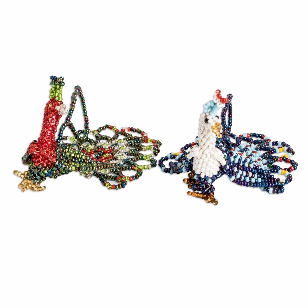Pair of Glass Beaded Peacock-Themed Ornaments from Guatemala - Peacock Splendor
