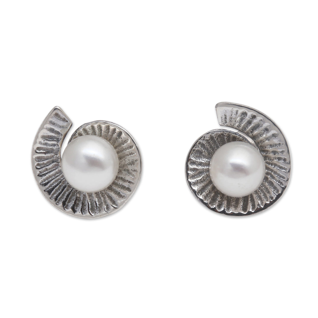 Whirl-Shaped Grey Cultured Pearl Button Earrings from Bali - Ocean Whirl