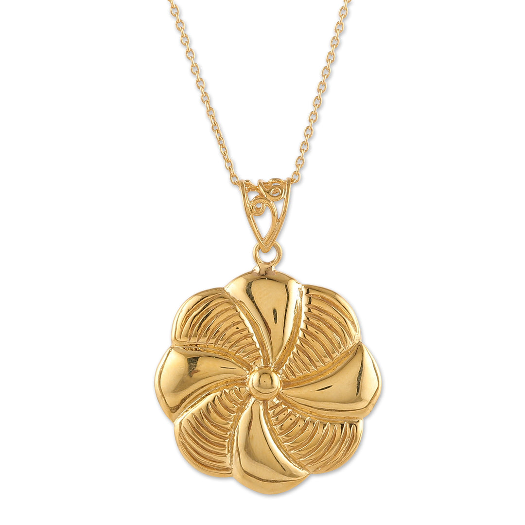 High-Polished Floral Brass Pendant Necklace from India - Glory of the Bloom
