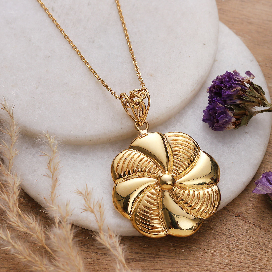 High-Polished Floral Brass Pendant Necklace from India - Glory of the Bloom