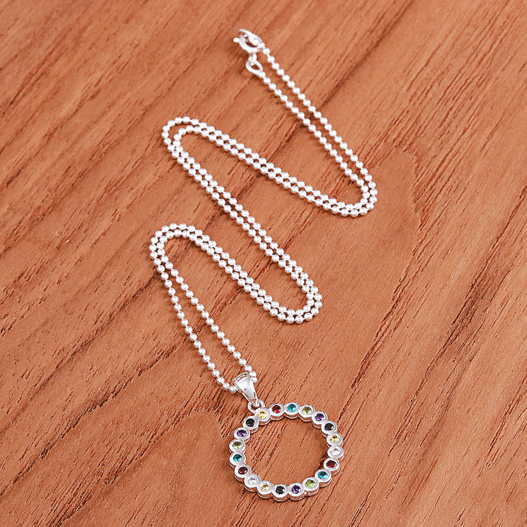 Multi-Gemstone Sterling Silver Circle Pendant Necklace - Rainbow Ring