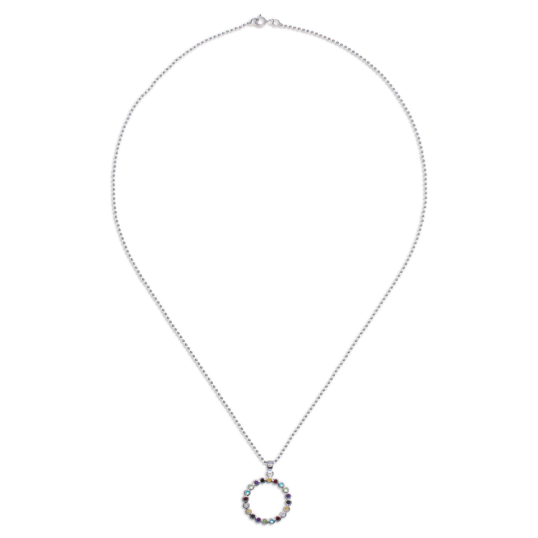 Multi-Gemstone Sterling Silver Circle Pendant Necklace - Rainbow Ring