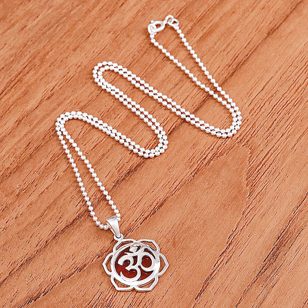 Floral Om-Themed Carnelian Pendant Necklace from Thailand - Sacred Fire Bloom