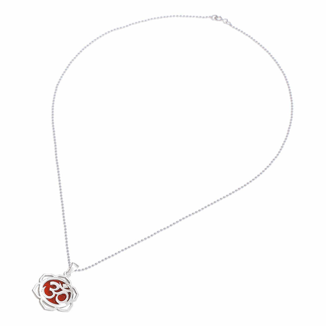 Floral Om-Themed Carnelian Pendant Necklace from Thailand - Sacred Fire Bloom