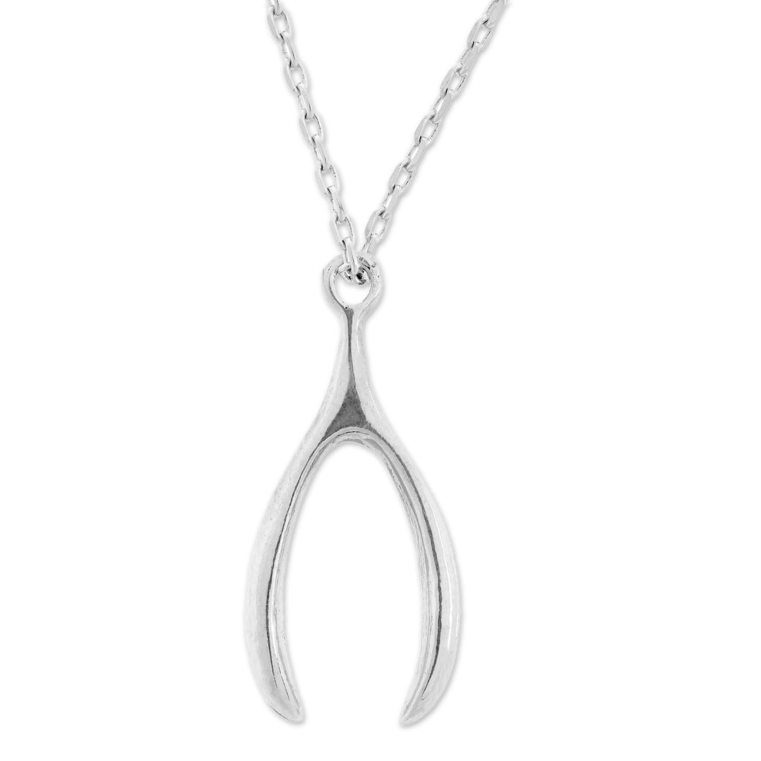 Polished Silver-Plated Pewter Wishbone Pendant Necklace - Lucky Wishbone