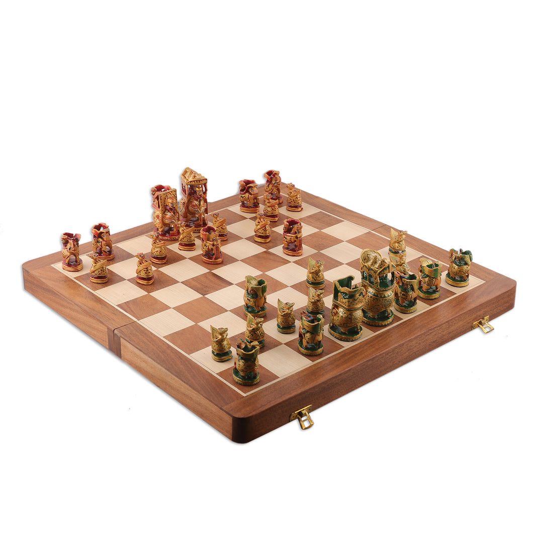 Hand-Painted Red and Green Wood Chess Set from India - Challenge of Rajasthan