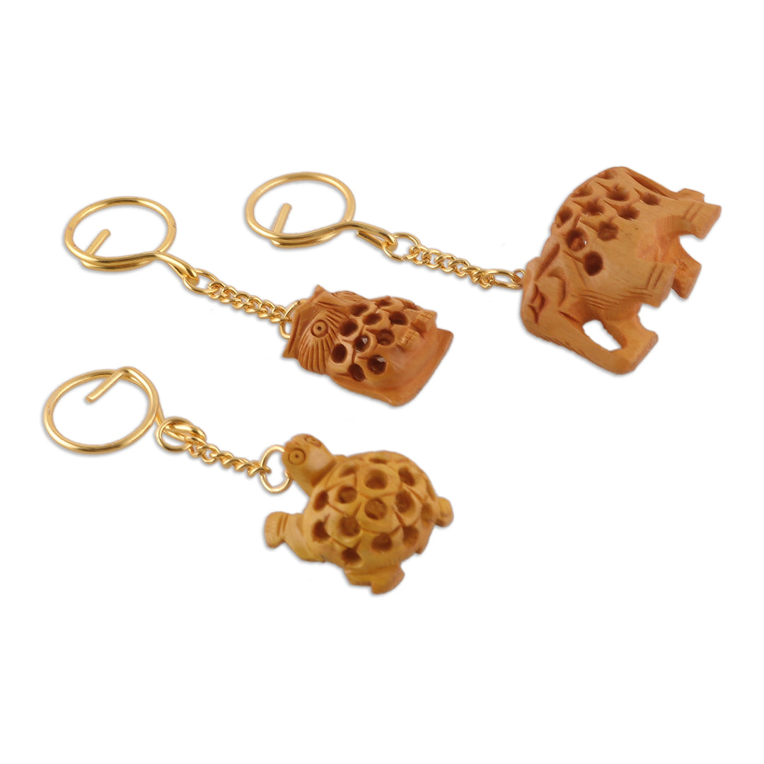 Set of 3 Animal-Themed Kadam Wood Jali Keychains from India - Jali Friends