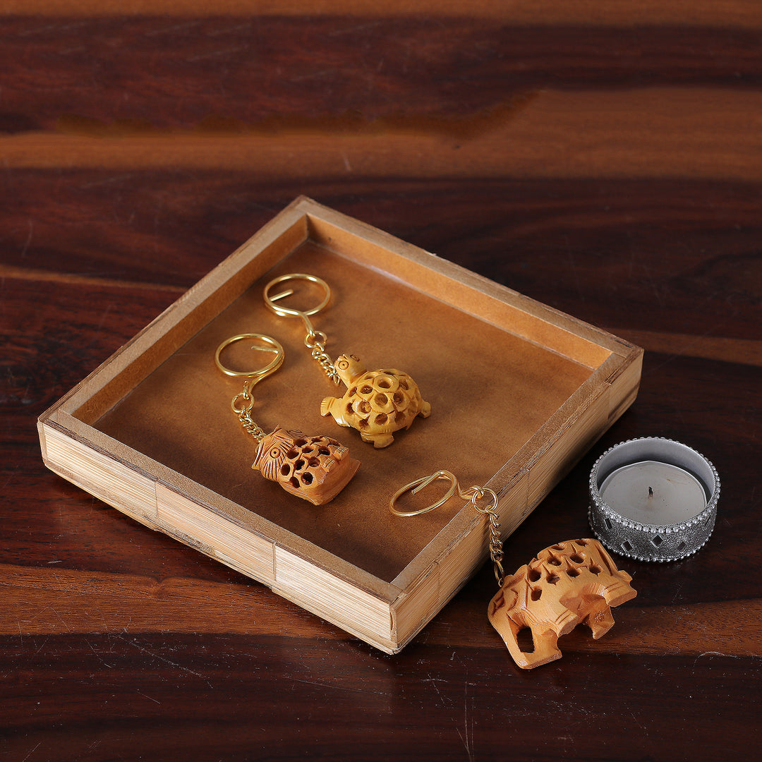 Set of 3 Animal-Themed Kadam Wood Jali Keychains from India - Jali Friends