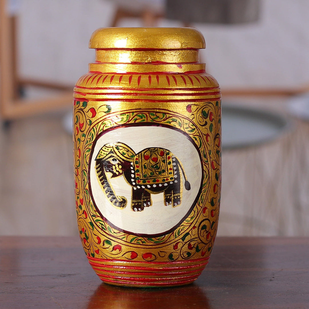 Classic Elephant-Themed Golden Kadam Wood Pen Holder - Glory of the Jungle
