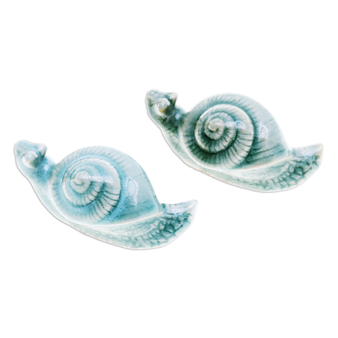 Pair of Crackled Blue Celadon Ceramic Snail Figurines - Patient Destiny