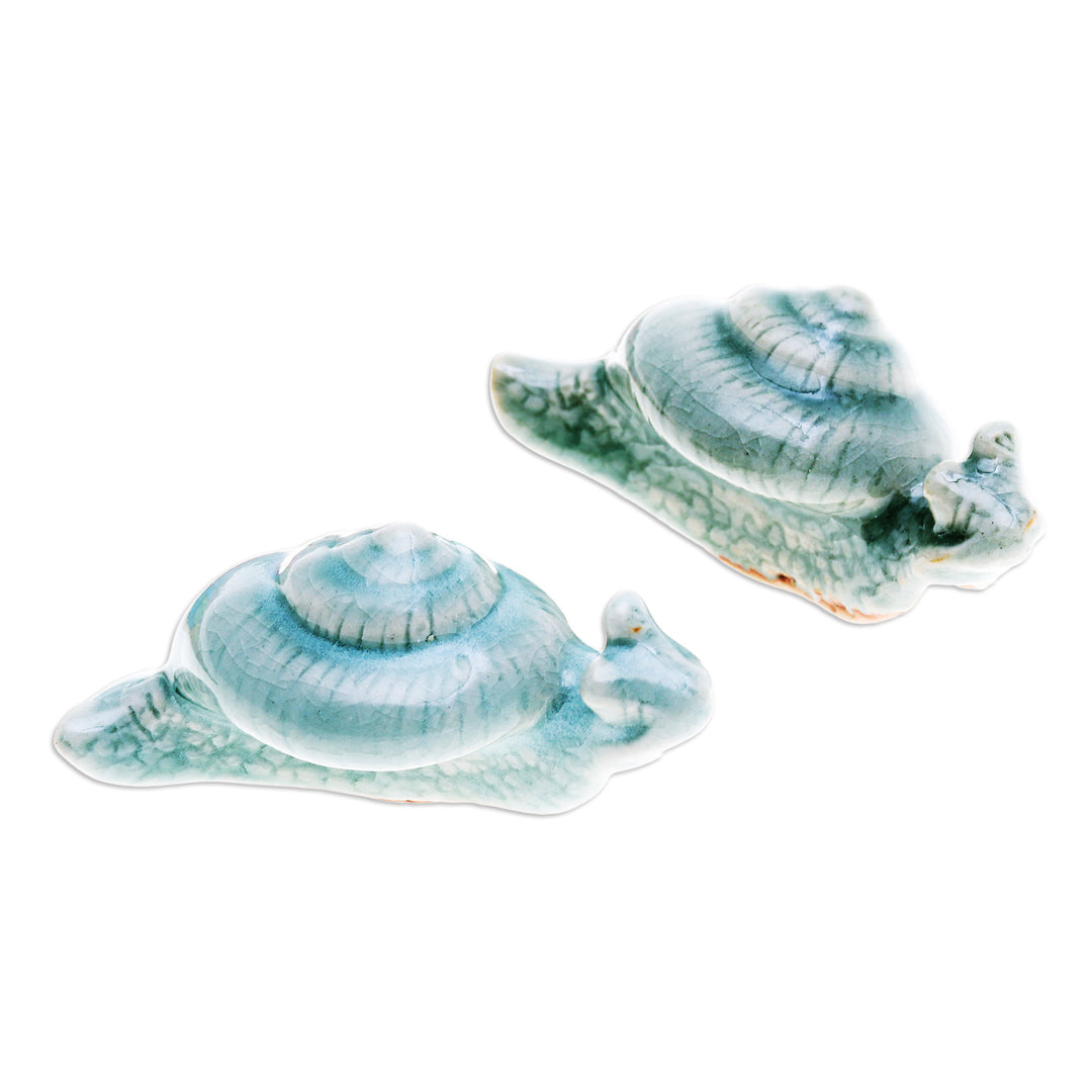 Pair of Crackled Blue Celadon Ceramic Snail Figurines - Patient Destiny