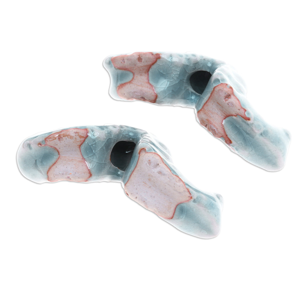 Pair of Crackled Celadon Ceramic Worm Figurines in Blue - Serene Wiggles