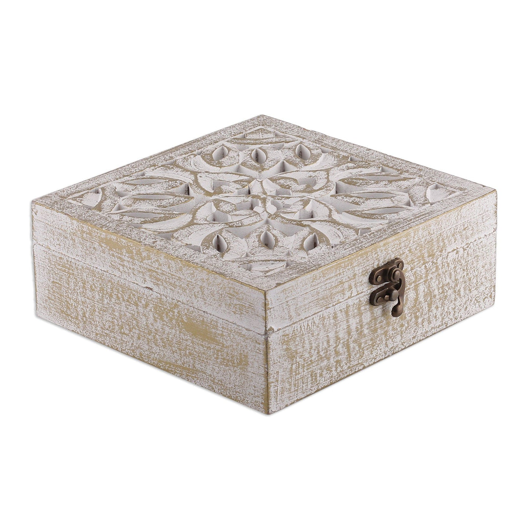 Distressed Leafy-Patterned Mango Wood Decorative Box - Forest Gold