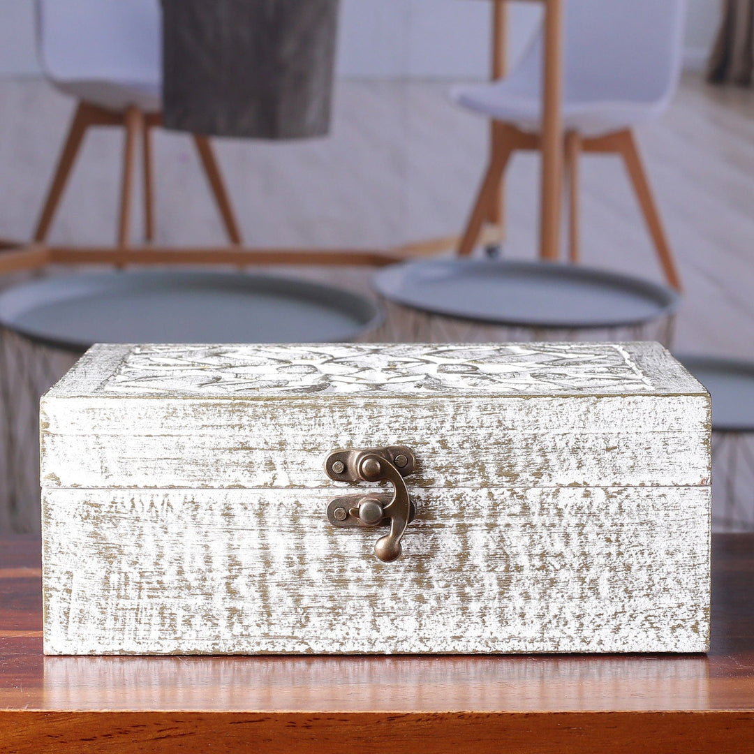 Distressed Leafy-Patterned Mango Wood Decorative Box - Forest Gold