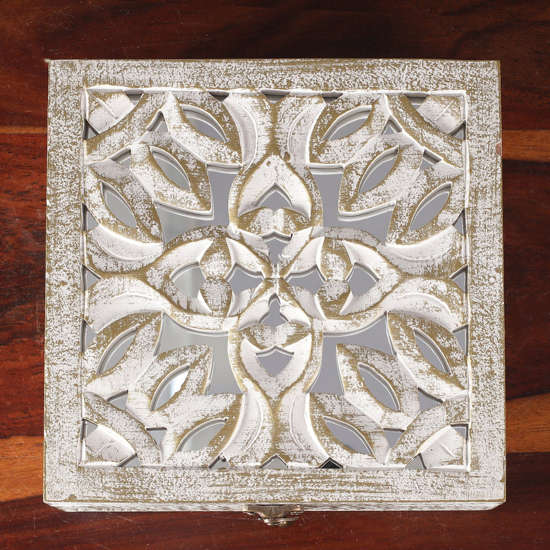 Distressed Leafy-Patterned Mango Wood Decorative Box - Forest Gold
