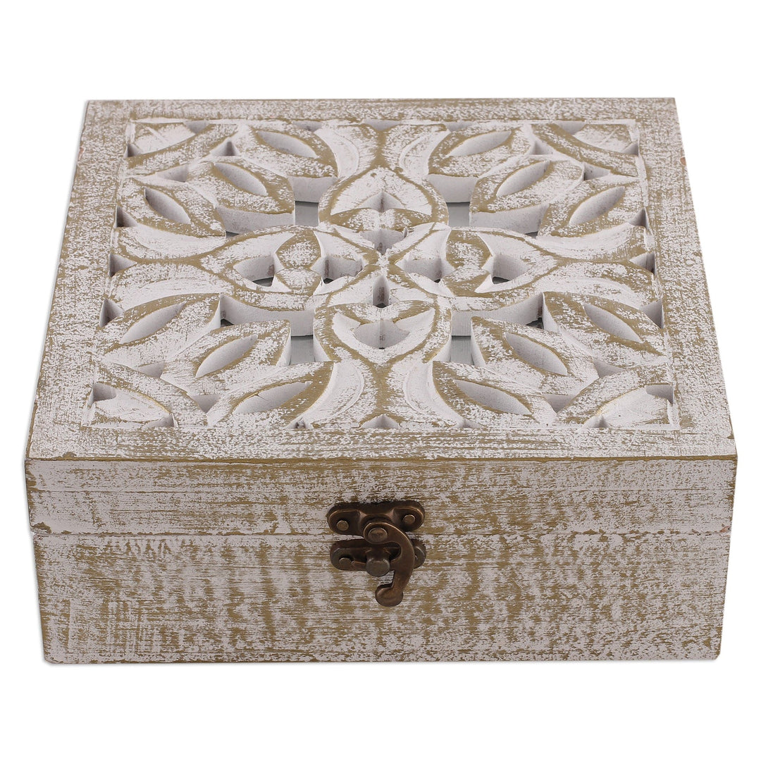 Distressed Leafy-Patterned Mango Wood Decorative Box - Forest Gold