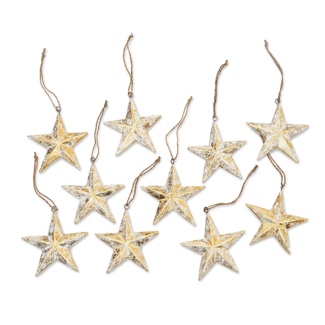Set of 10 White Wood Star Ornaments with Golden Glitter - Twinkling Stars