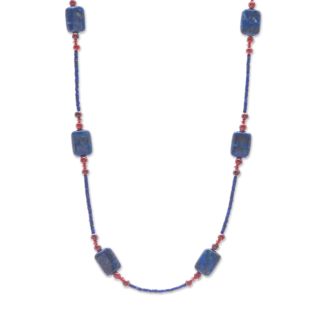 Long Station Necklace with Lapis Lazuli and Garnet Stones - Midnight Touch