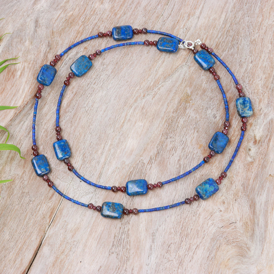 Long Station Necklace with Lapis Lazuli and Garnet Stones - Midnight Touch