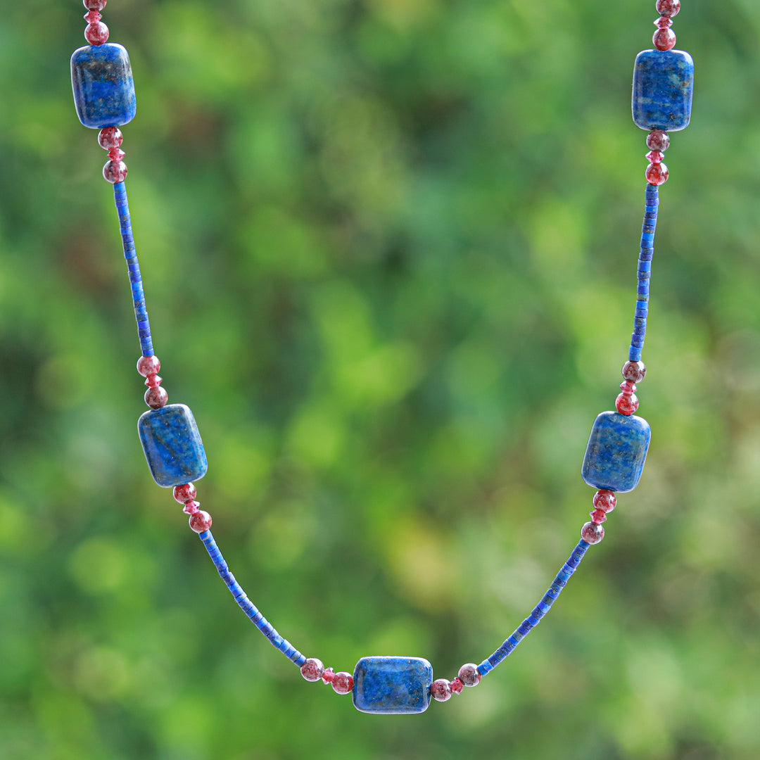 Long Station Necklace with Lapis Lazuli and Garnet Stones - Midnight Touch