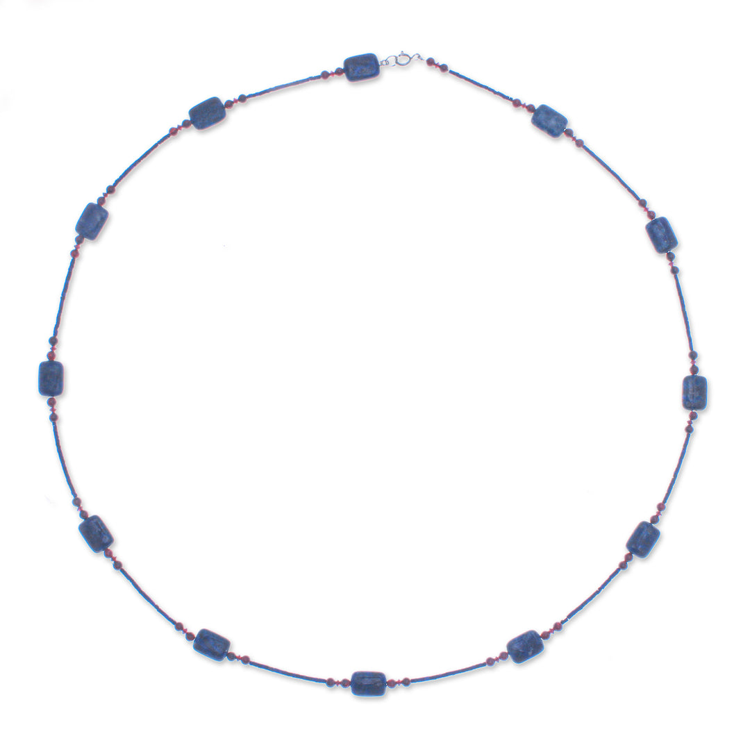 Long Station Necklace with Lapis Lazuli and Garnet Stones - Midnight Touch