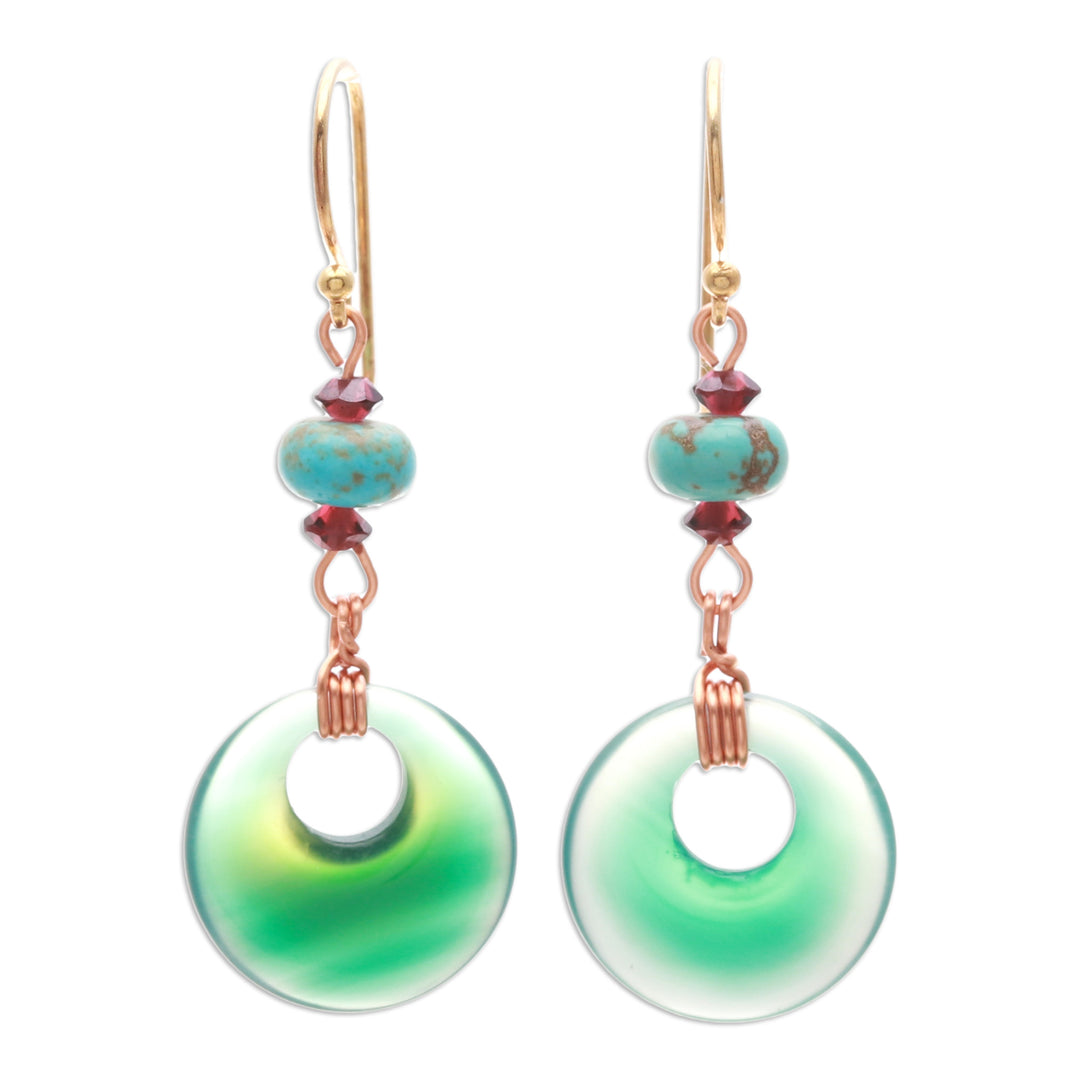 Tropical Glam-Themed Green Onyx and Garnet Dangle Earrings - Island Loops