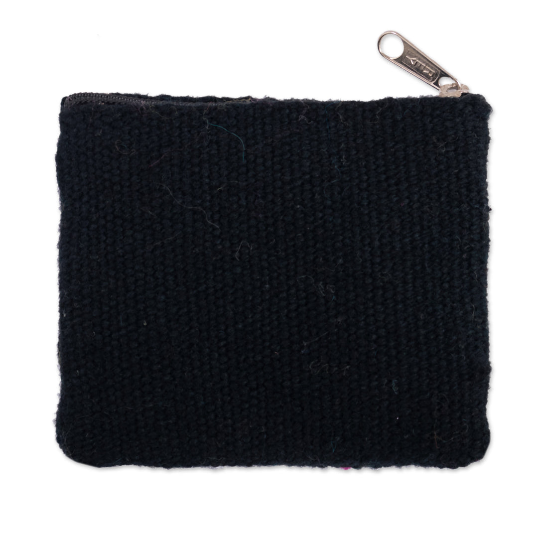 Knit Floral Blue and Black Wool Coin Purse with Zipper - Lunar Petals