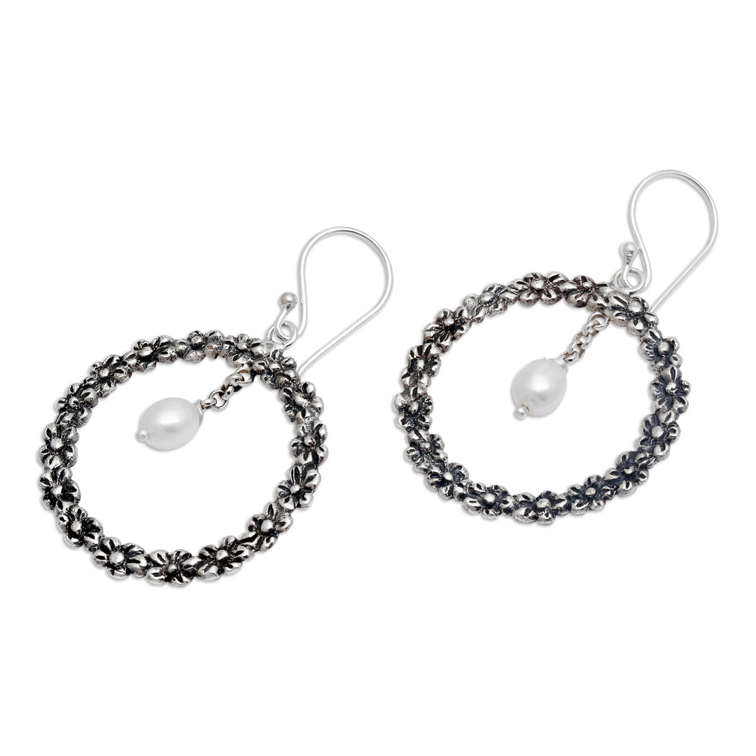 Plumeria-Themed Cultured Pearl Silver Dangle Earrings - Plumeria Blossoms