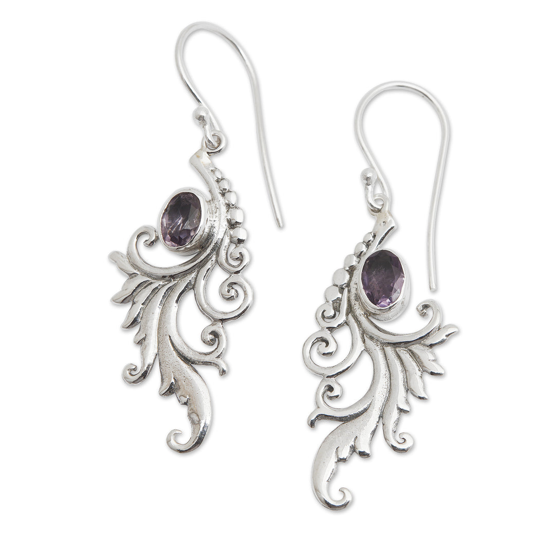 Sterling Silver Peacock Feather Earrings with Amethyst Gems - Peacock Supreme in Purple