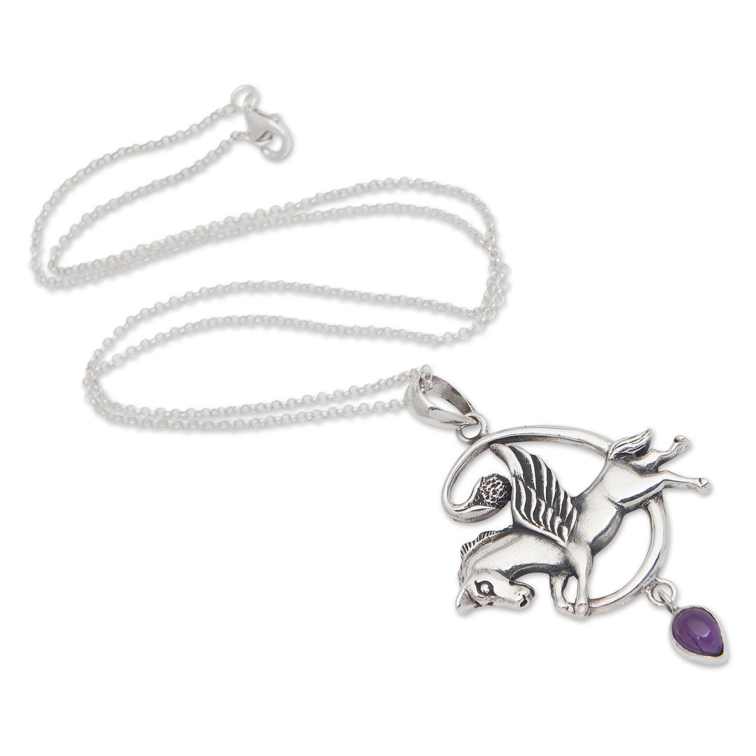 Sterling Silver and Amethyst Pegasus Pendant Necklace - Pegasus Heaven