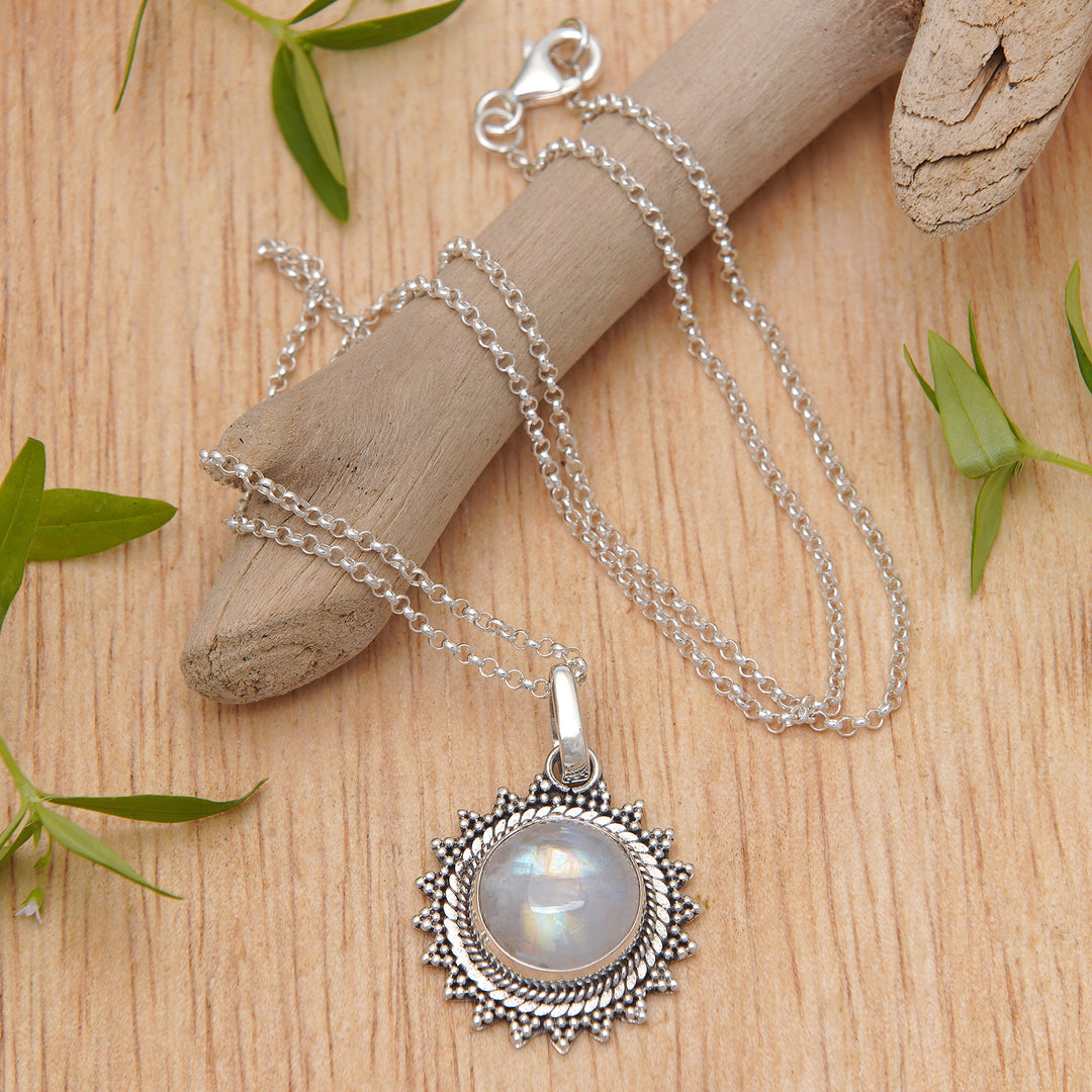 Sun-Themed Natural Rainbow Moonstone Pendant Necklace - Sunday Moon