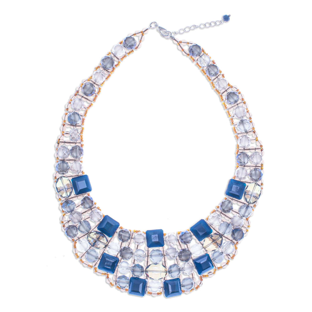 Blue Glass Beaded Choker Necklace Handmade in Thailand - Crystallized Blue Nights
