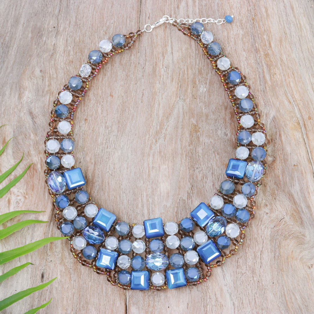Blue Glass Beaded Choker Necklace Handmade in Thailand - Crystallized Blue Nights