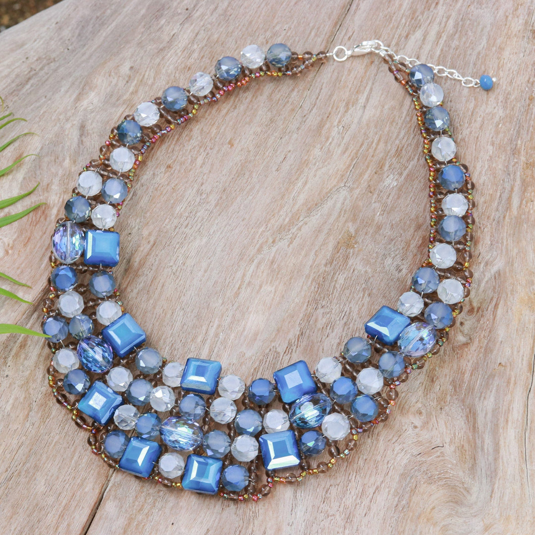 Blue Glass Beaded Choker Necklace Handmade in Thailand - Crystallized Blue Nights