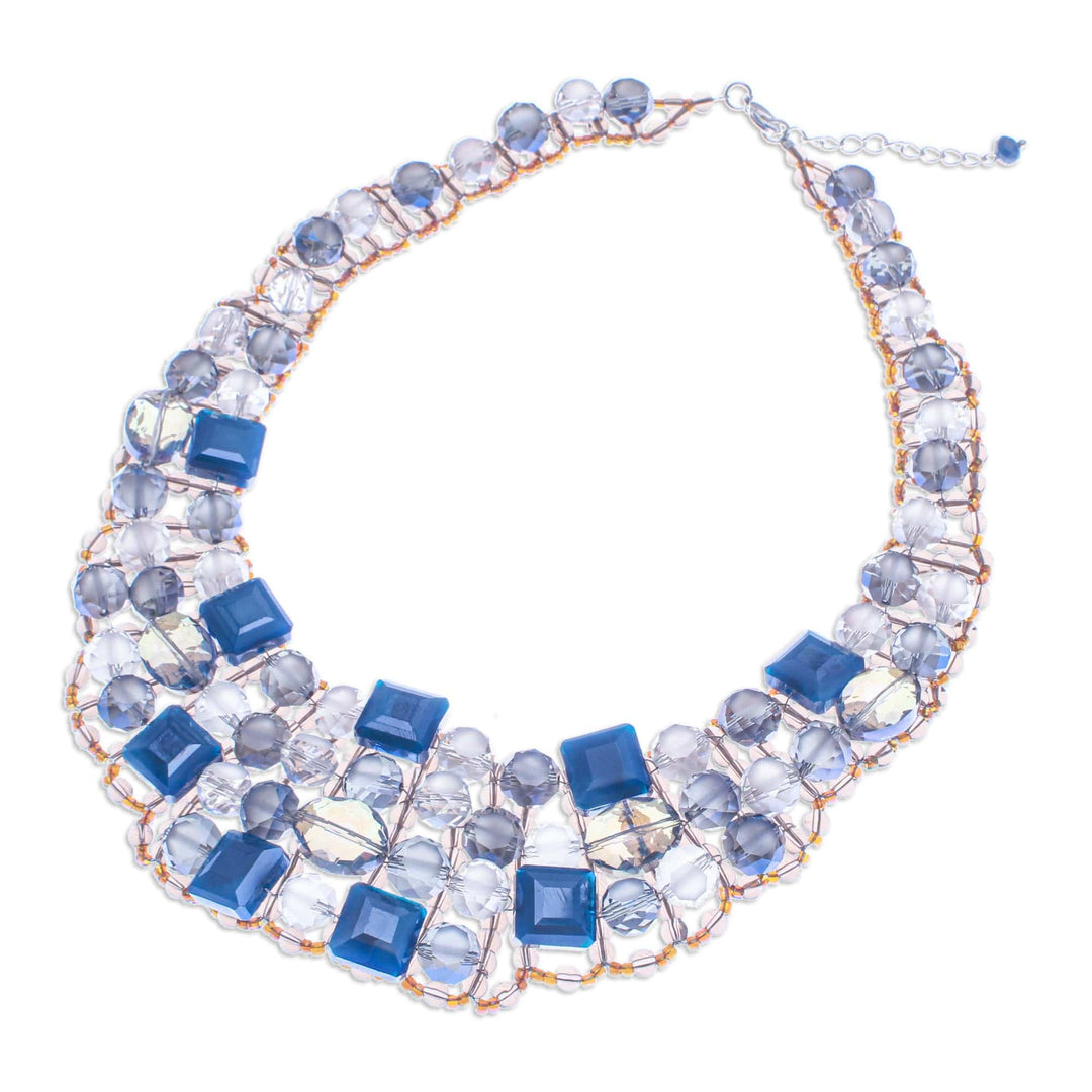 Blue Glass Beaded Choker Necklace Handmade in Thailand - Crystallized Blue Nights