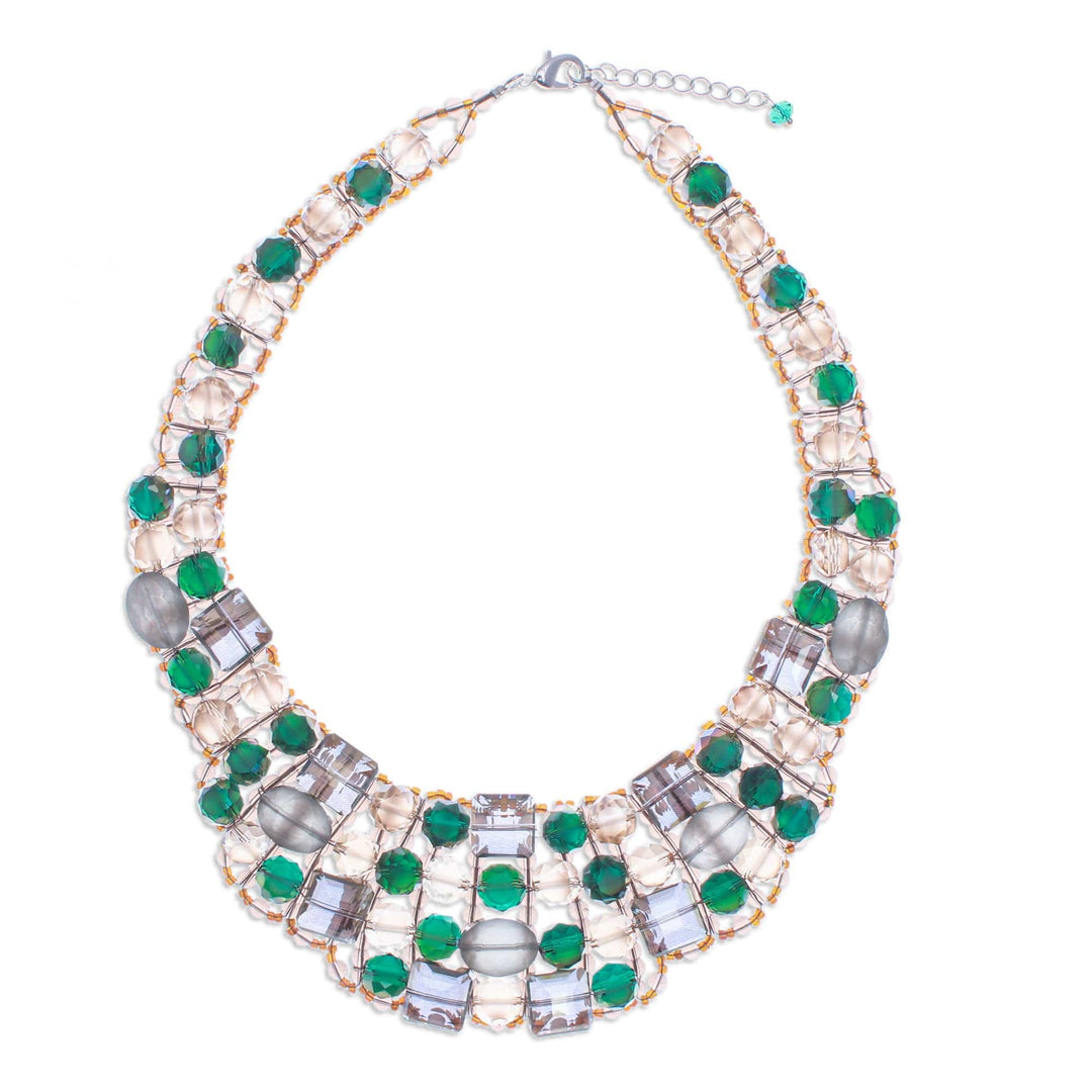 Green Glass Beaded Choker Necklace Handmade in Thailand - Crystallized Green Nights