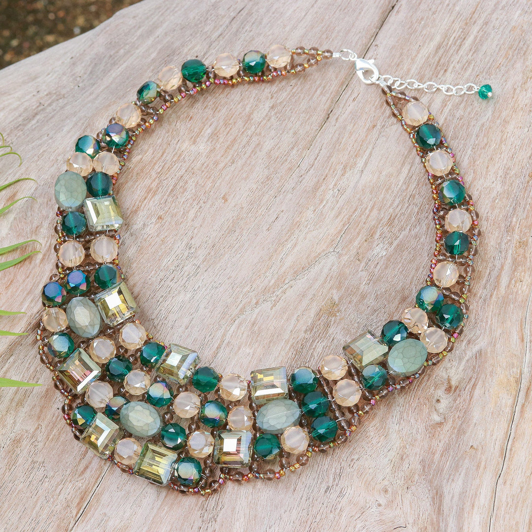 Green Glass Beaded Choker Necklace Handmade in Thailand - Crystallized Green Nights