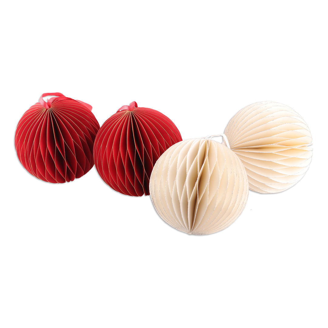 Set of 4 Red and Ivory Glittering Paper Christmas Ornaments - Merry Disco