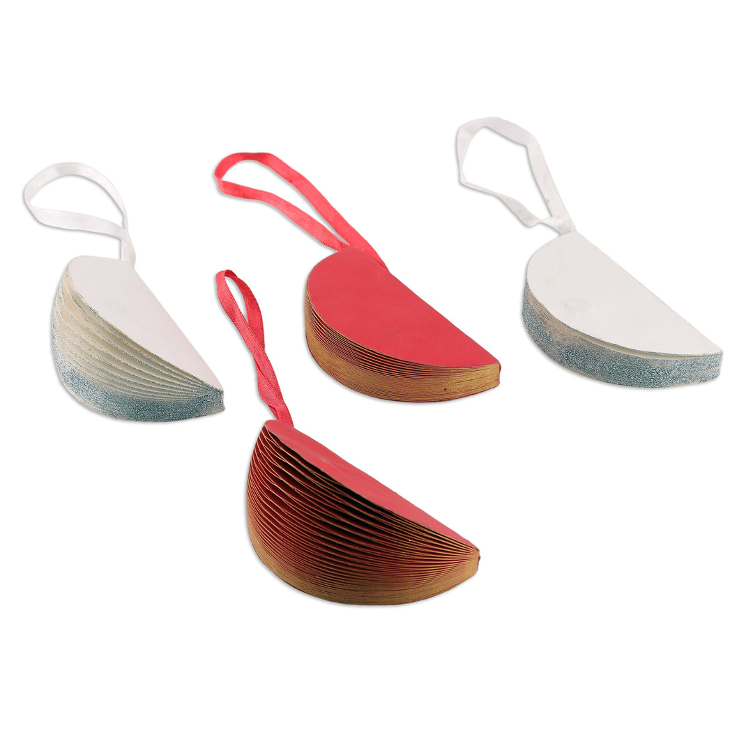 Set of 4 Red and Ivory Glittering Paper Christmas Ornaments - Merry Disco