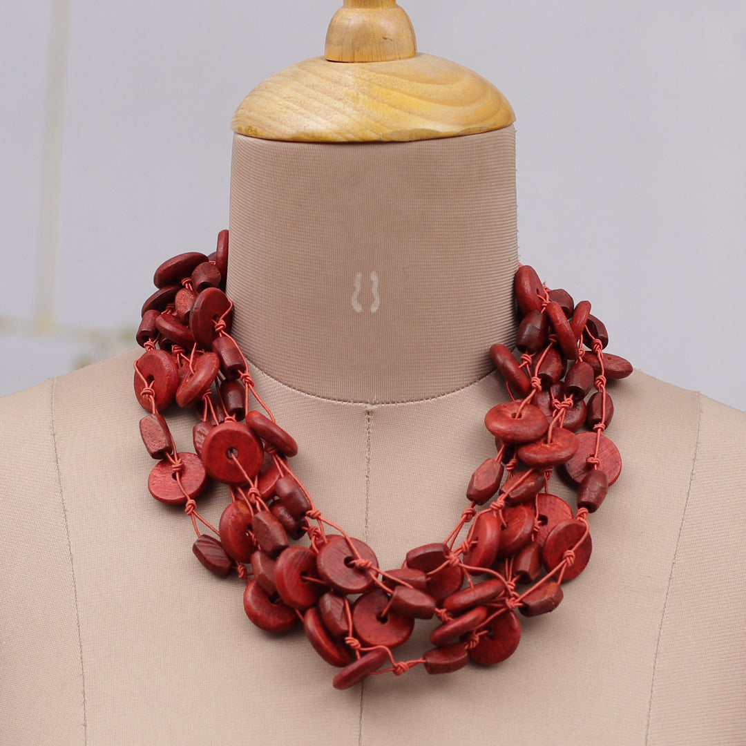 Hand-Carved Wood Beaded Statement Necklace from India in Red - Sunset Kiss