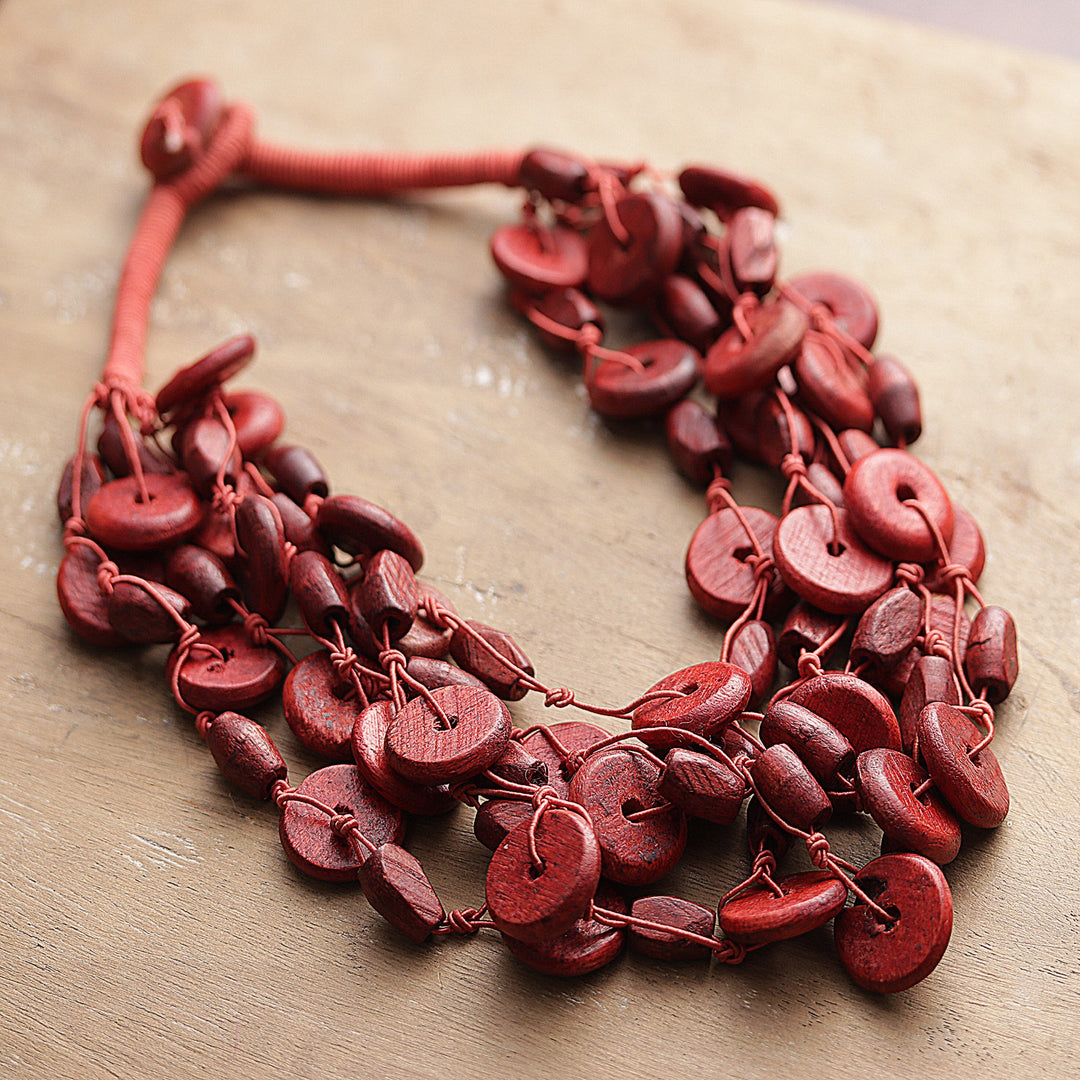 Hand-Carved Wood Beaded Statement Necklace from India in Red - Sunset Kiss