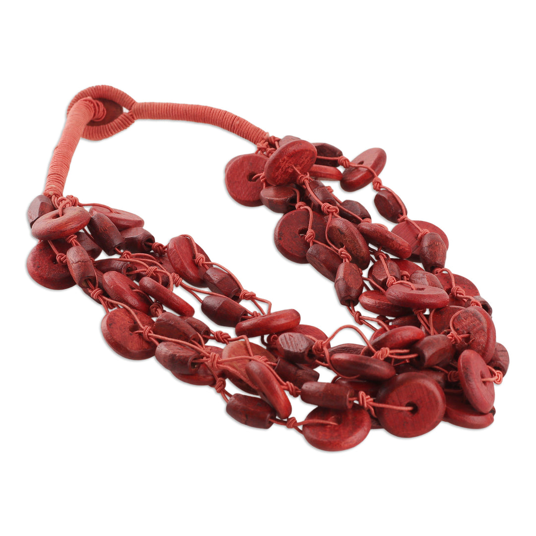 Hand-Carved Wood Beaded Statement Necklace from India in Red - Sunset Kiss