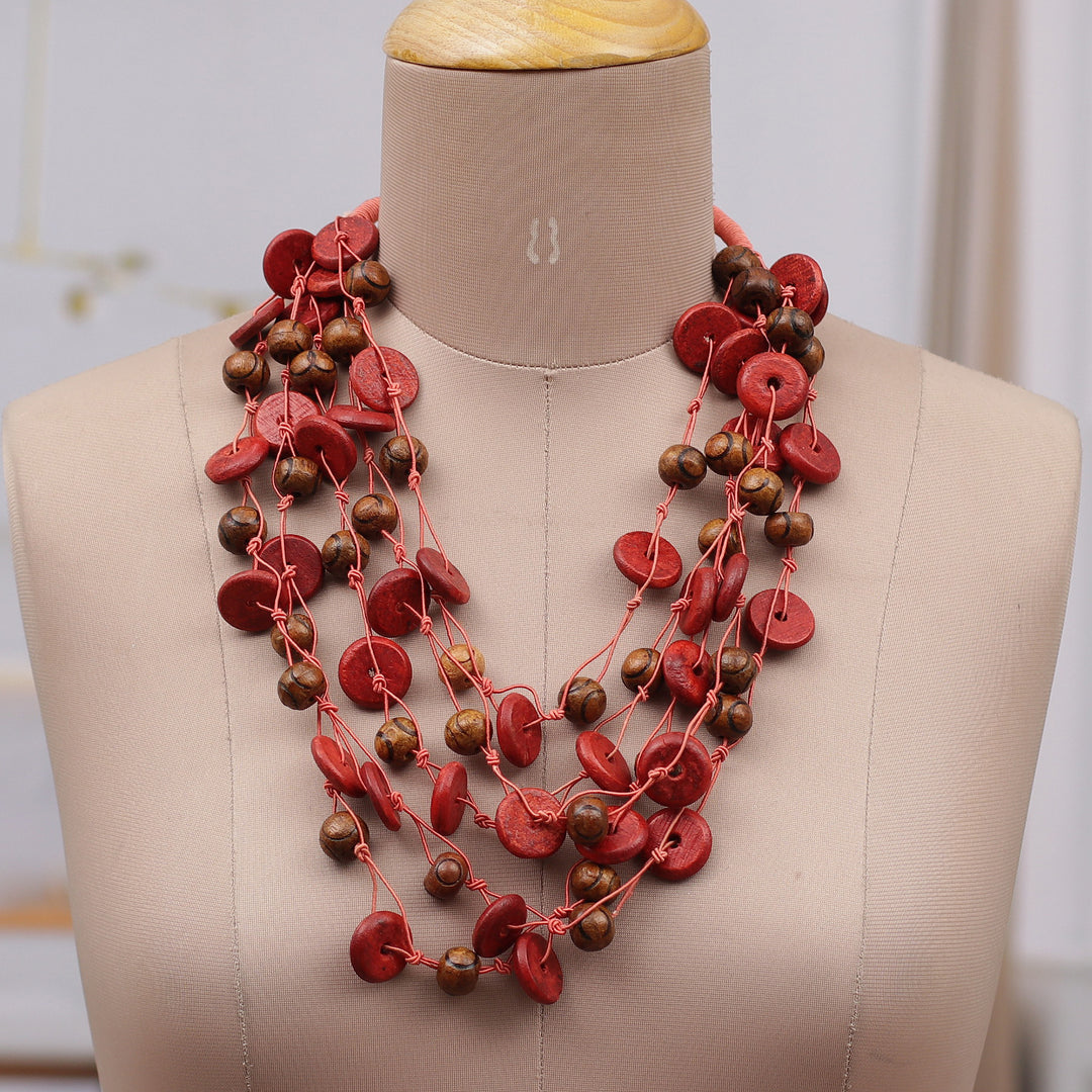 Hand-Carved Red Brown Pink Wood Beaded Statement Necklace - Majestic Splendor