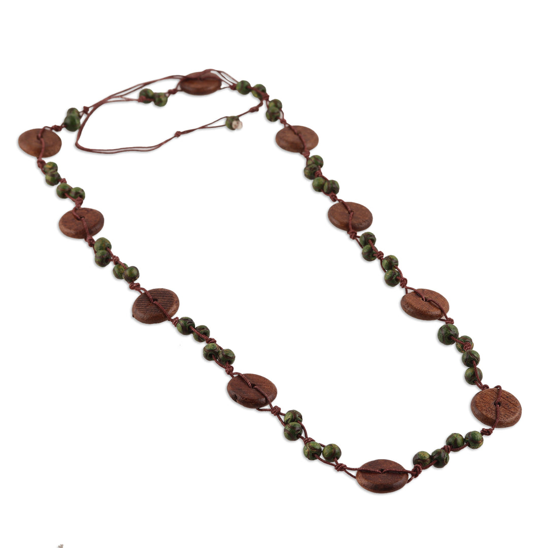 Handmade Brown and Green Haldu Wood Beaded Station Necklace - Harmony in Forest
