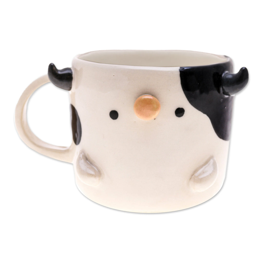 Hand Made 9 oz Glazed Ceramic Cow Mug from Thailand - Cow Morning