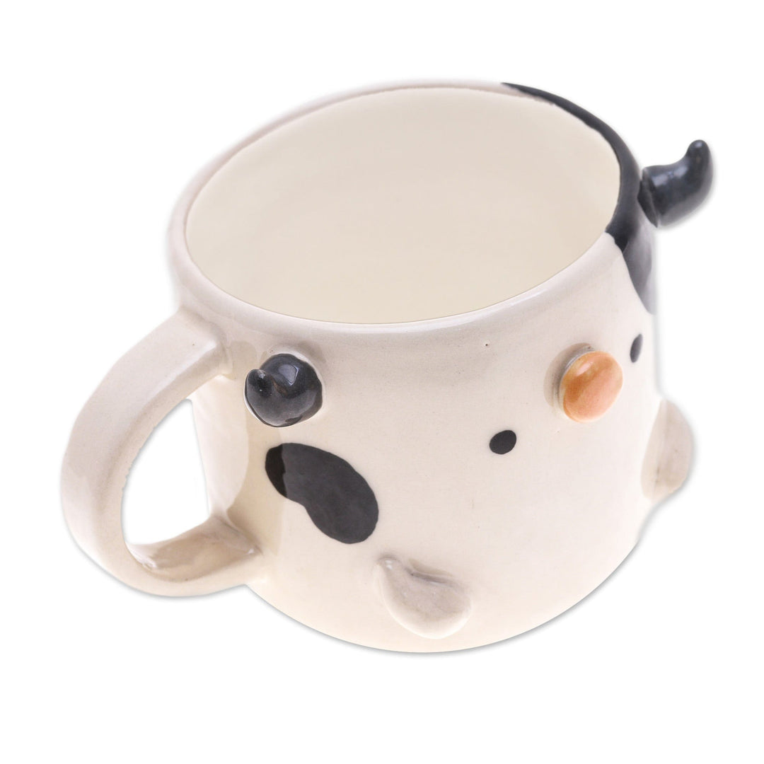 Hand Made 9 oz Glazed Ceramic Cow Mug from Thailand - Cow Morning