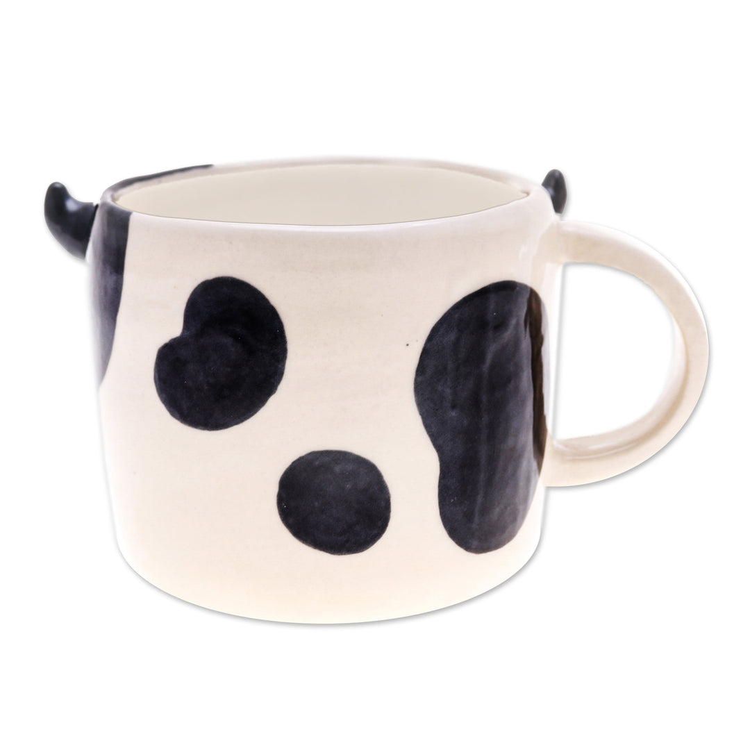 Hand Made 9 oz Glazed Ceramic Cow Mug from Thailand - Cow Morning