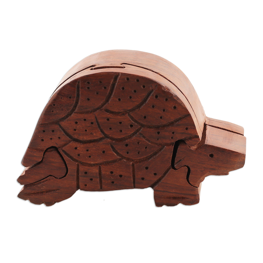 Hand-Carved Turtle-Shaped Mango Wood Puzzle Box from India - Turtle Mystery
